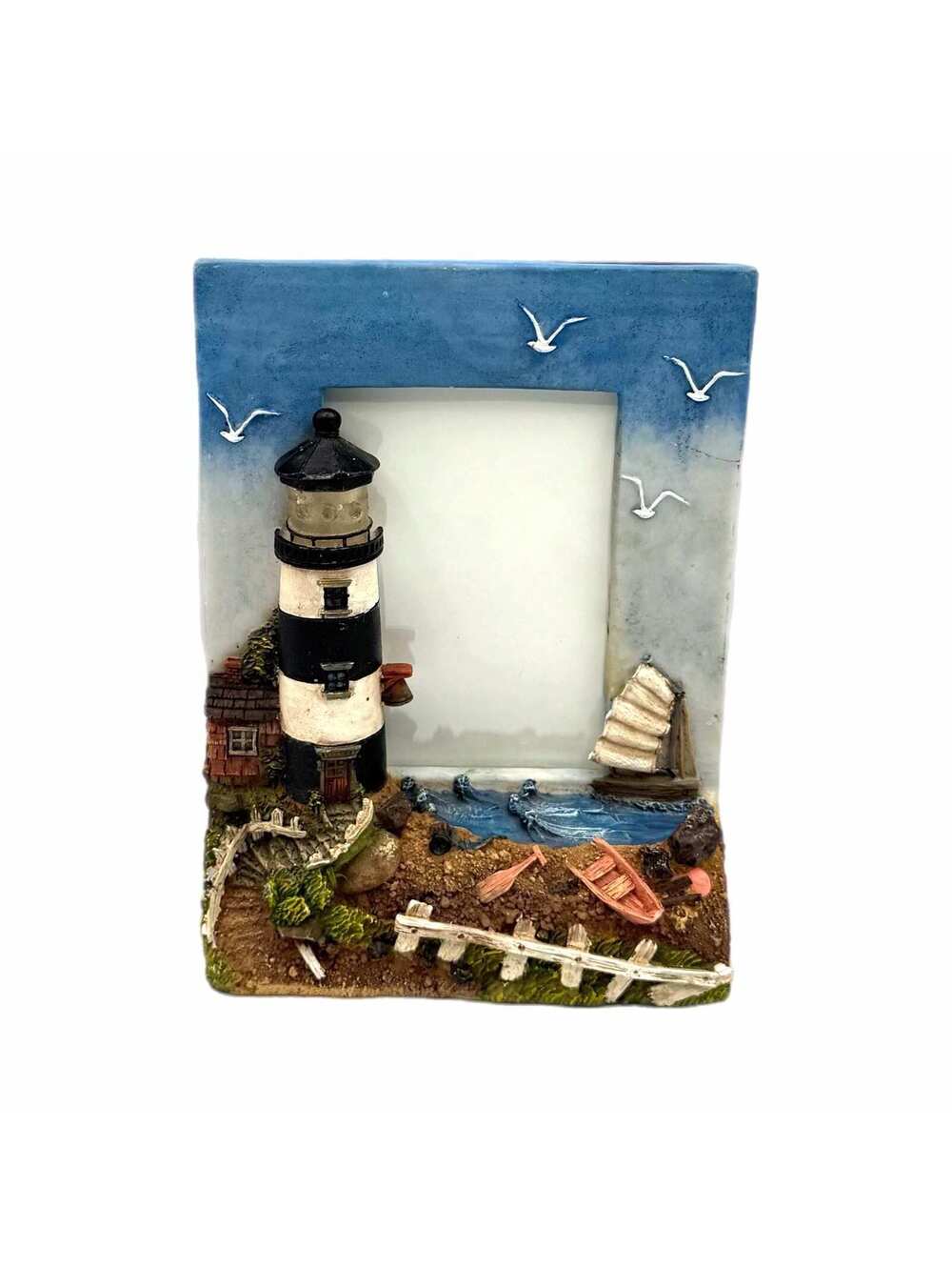 Vintage 3D Coastal-Theme Nautical Lighthouse Picture Frame – Lights Up – Works!